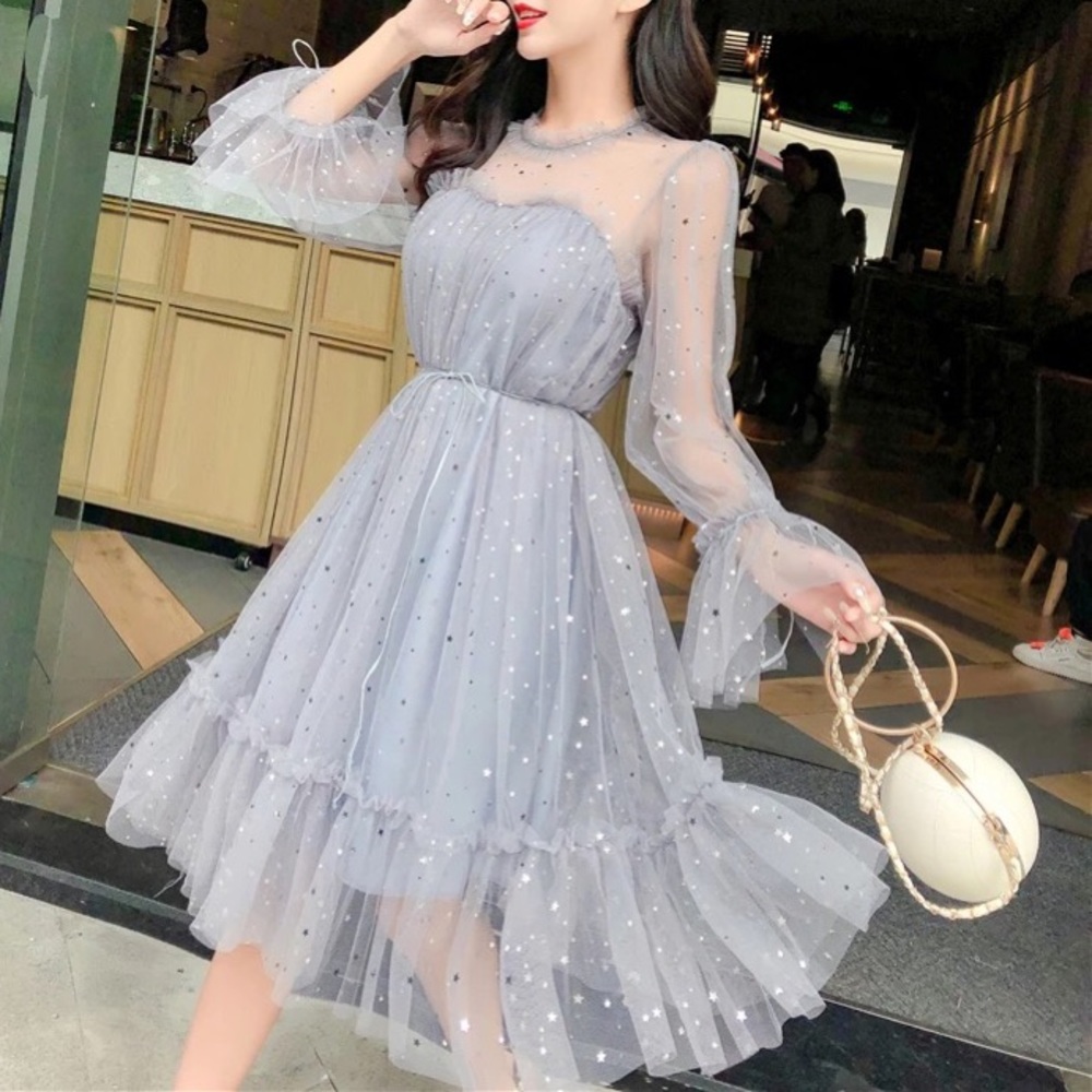 Dress fairy mesh Ruffle pastel peacock blue sequin stars moon - Picture 1 of 8